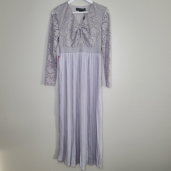 Little Mistress Maternity Gray Lace Pleated Midi Dress NWT - Picture 1 of 9